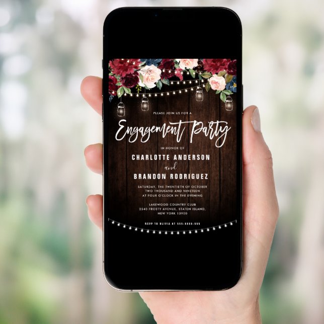 Burgundy Navy Floral String Light Engagement Party Invitation (Front Digital)