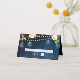 Burgundy Navy Floral String Light mason jar Place Card