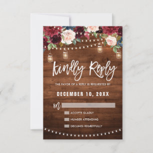 Burgundy Navy Floral String Light mason jar RSVP Card