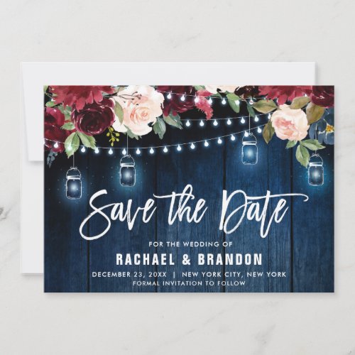 Burgundy Navy Floral String Light mason jar Save The Date