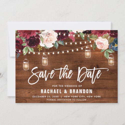 Burgundy Navy Floral String Light mason jar Save The Date