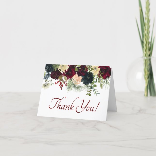 Burgundy, Navy Floral - Thank You Cards (Front)