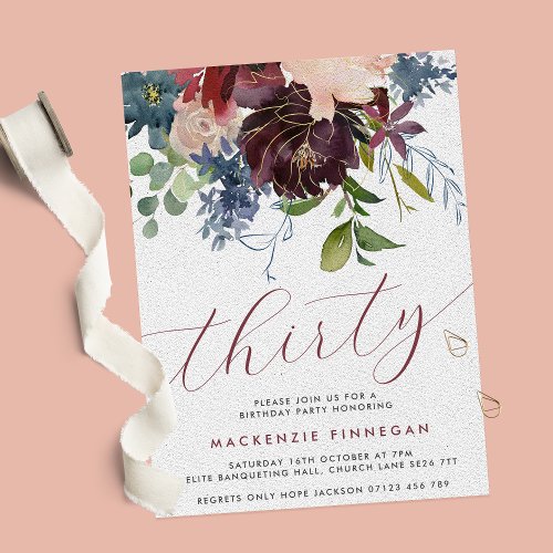 Burgundy  Navy Floral Thirtieth Birthday Party Invitation