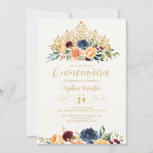 Burgundy Navy Floral Tiara Quinceanera  Invitation