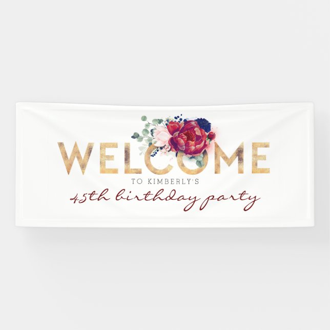 Burgundy & Navy Floral Typography Birthday Welcome Banner (Horizontal)