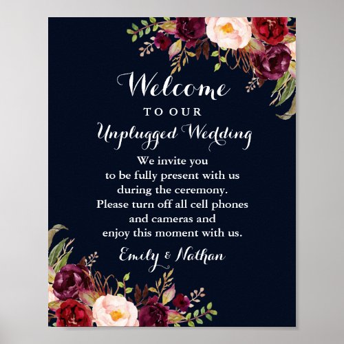 Burgundy Navy Floral Unplugged Wedding Sign