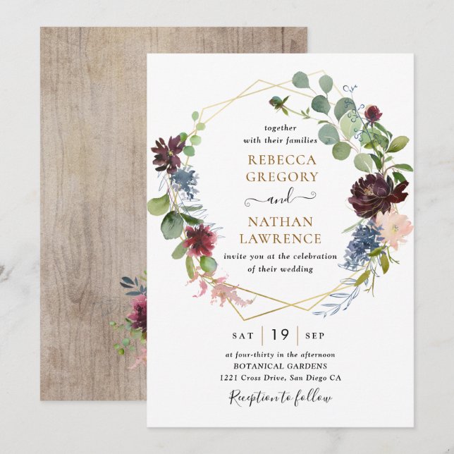 Burgundy Navy Floral w/ Geometric Greenery Wedding Invitation (Front/Back)