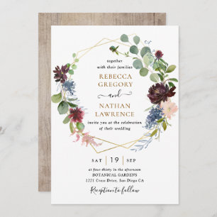 Burgundy Navy Floral w/ Geometric Greenery Wedding Invitation