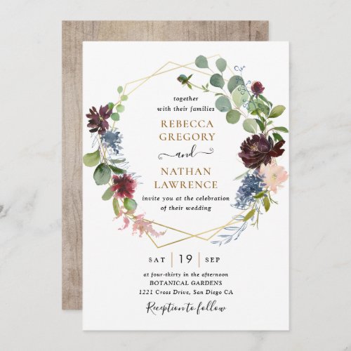 Burgundy Navy Floral w/ Geometric Greenery Wedding Invitation - This elegant and customizable Wedding Invitation features an geometric gold frame adorned with moody watercolor eucalyptus leaves & delicate burgundy and navy florals, and has been paired with a whimsical calligraphy and a classy serif font in gold and black. To make advanced changes, please select "Click to customize further" option under Personalize this template.