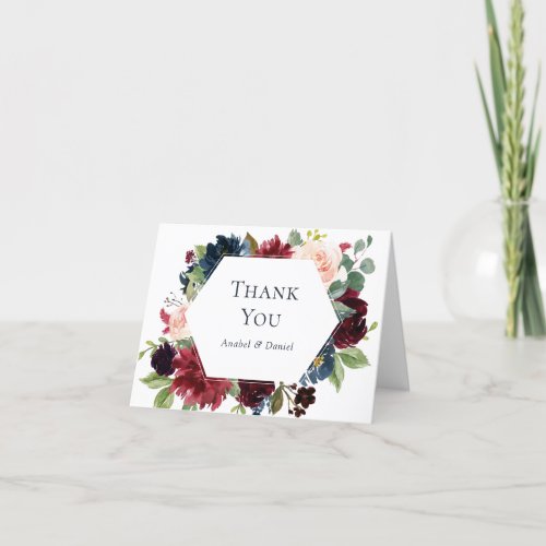 Burgundy Navy Floral Watercolor Thank You Card