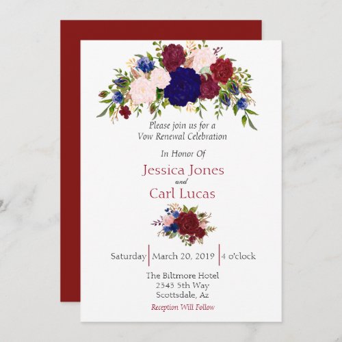 Burgundy Navy Floral Watercolor Vow Renewal Invitation