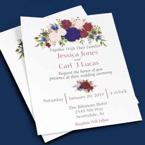 Burgundy Navy Floral Watercolor Wedding Budget Flyer