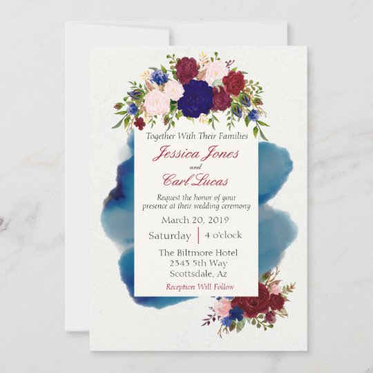 Burgundy Navy Floral Watercolor Wedding Invitation | Zazzle.com