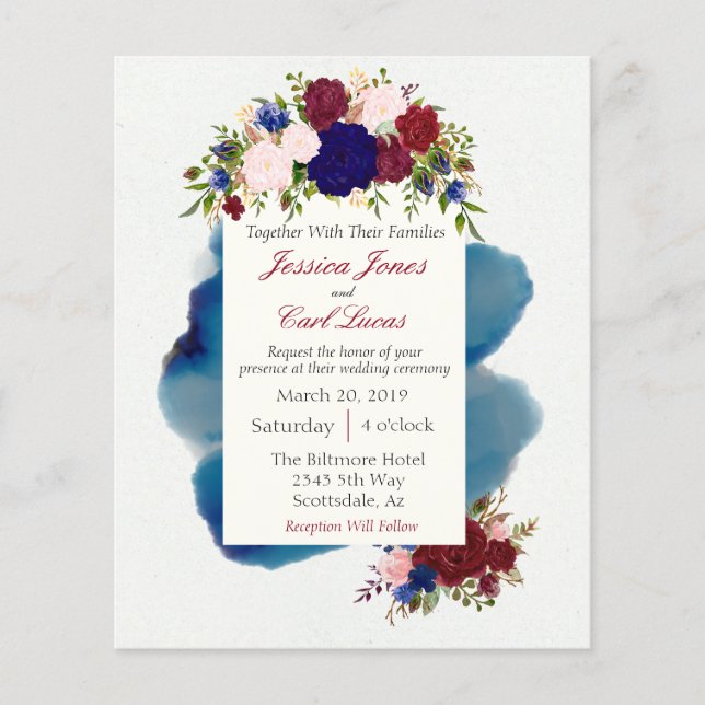 Burgundy Navy Floral Watercolor Wedding Invitation (Front)
