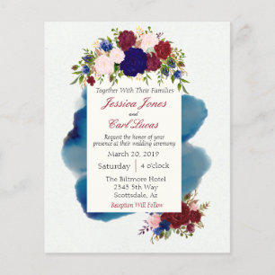Burgundy Navy Floral Watercolor Wedding Invitation