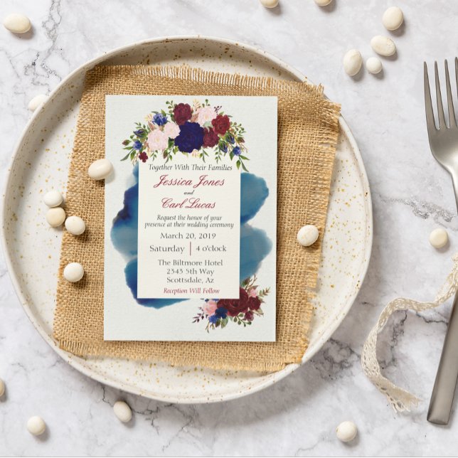 Burgundy Navy Floral Watercolor Wedding Invitation (Creator Uploaded)