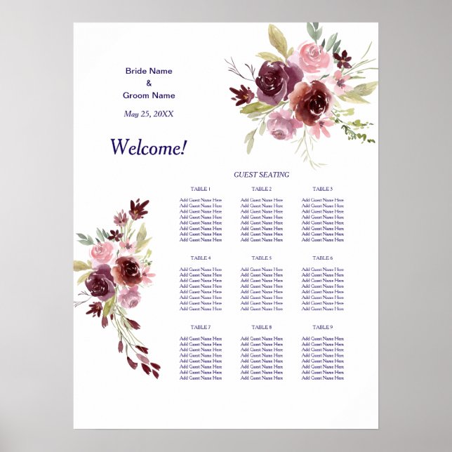 Burgundy Navy Floral Wedding Dinner Seating Chart (Front)