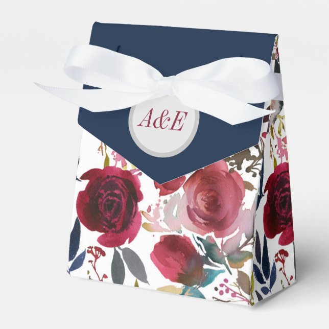 Burgundy & Navy Floral Wedding Favor Box (Front Side)