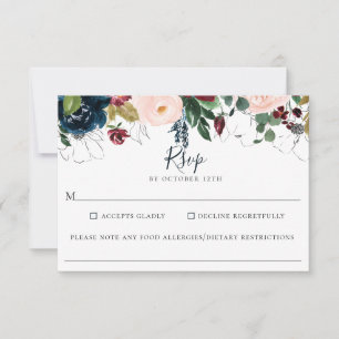 Burgundy Navy Floral Wedding Food Allergy RSVP