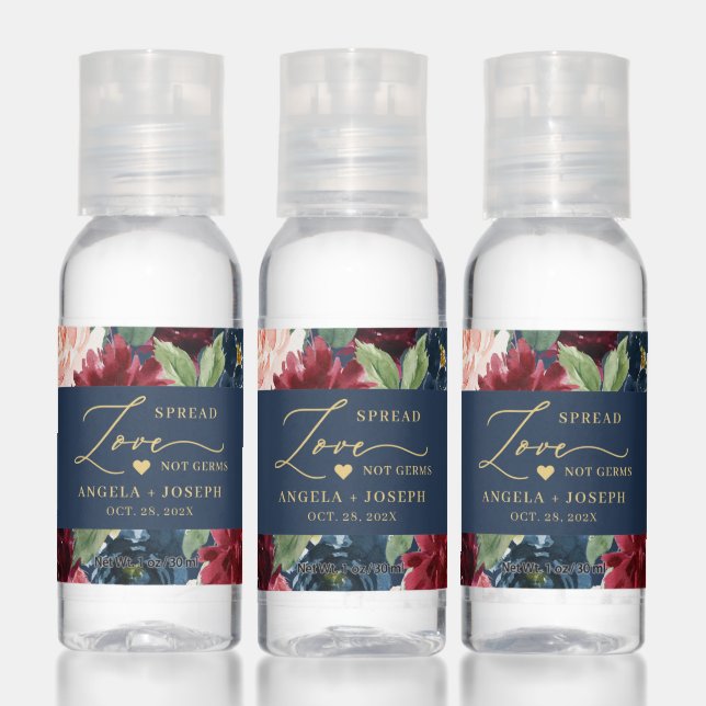 Burgundy Navy Floral Wedding Gold Spread Love Hand Sanitizer (Set)