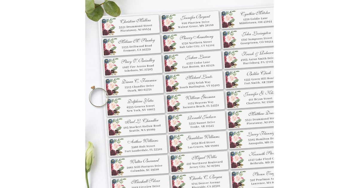 Burgundy Navy Floral Wedding Guest Address Sticker | Zazzle
