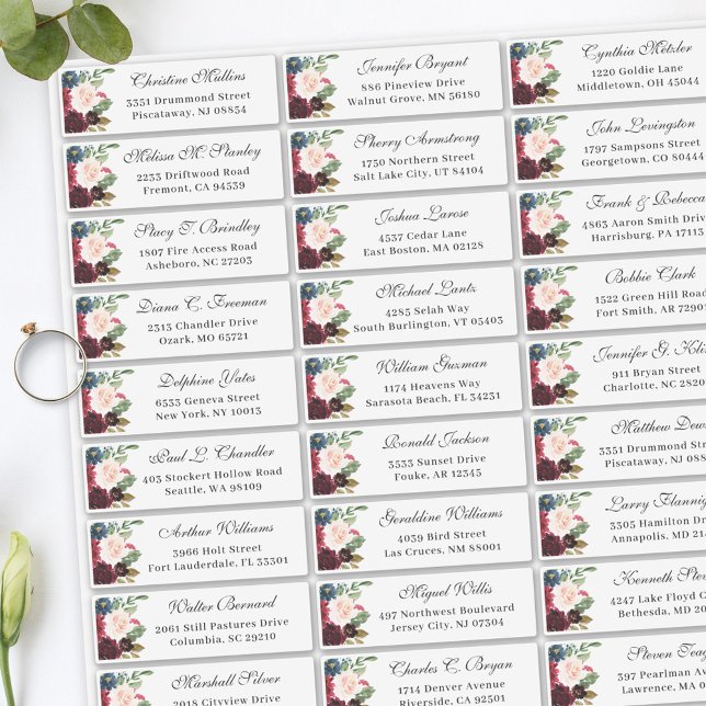 Burgundy Navy Floral Wedding Guest Address Sticker (Creator Uploaded)