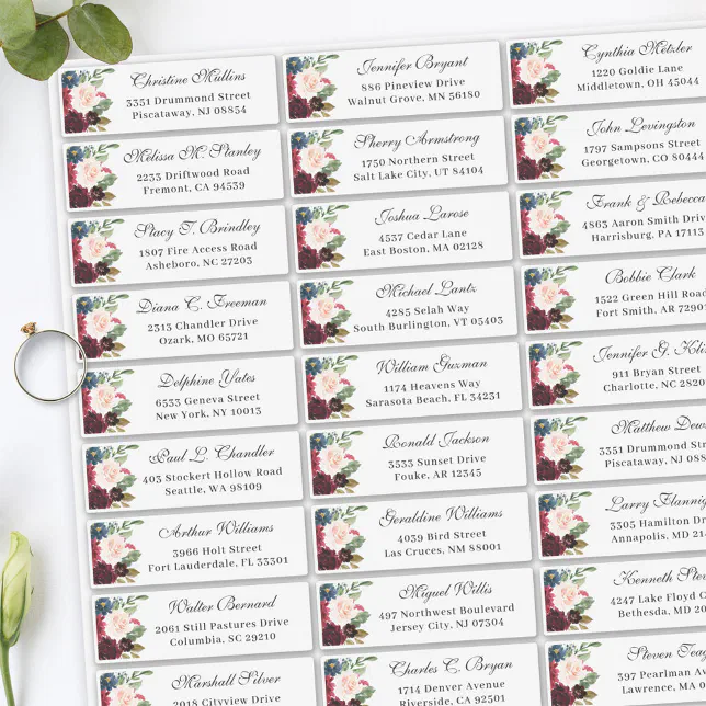 Burgundy Navy Floral Wedding Guest Address Sticker | Zazzle