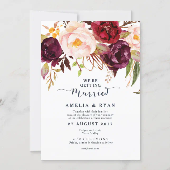 Burgundy Navy Floral Wedding Invitation | Zazzle