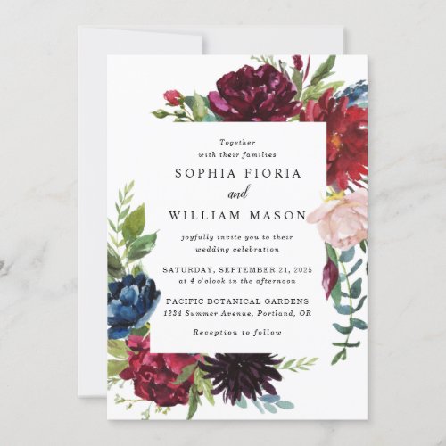 Burgundy Navy Floral Wedding Invitation