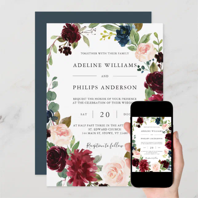 Burgundy Navy Floral Wedding Invitation Zazzle