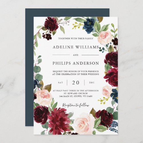 Burgundy Navy Floral Wedding Invitation