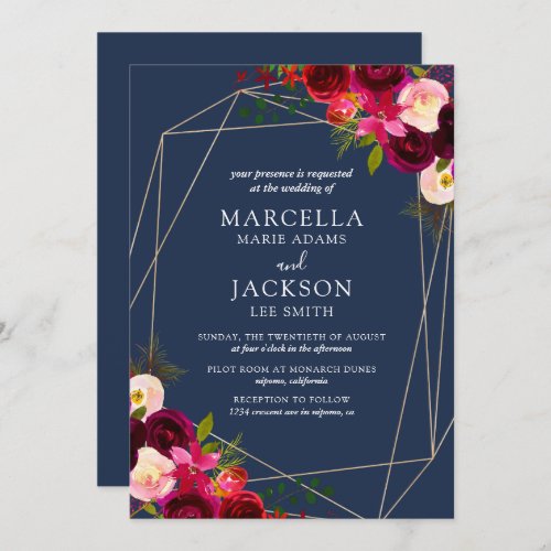 Burgundy  Navy Floral Wedding Invitation