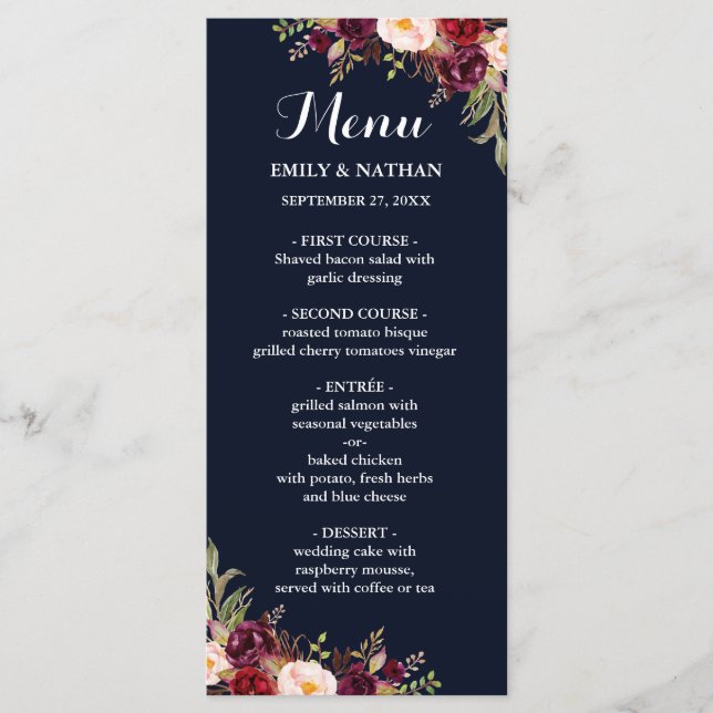 Burgundy Navy Floral Wedding Menu (Front)