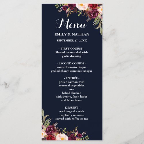 Burgundy Navy Floral Wedding Menu