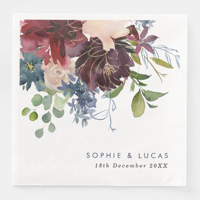 Burgundy & Navy Floral Wedding Paper Dinner Napkins (Front)
