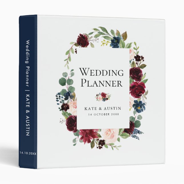 burgundy navy floral wedding planner 3 ring binder (Front/Spine)