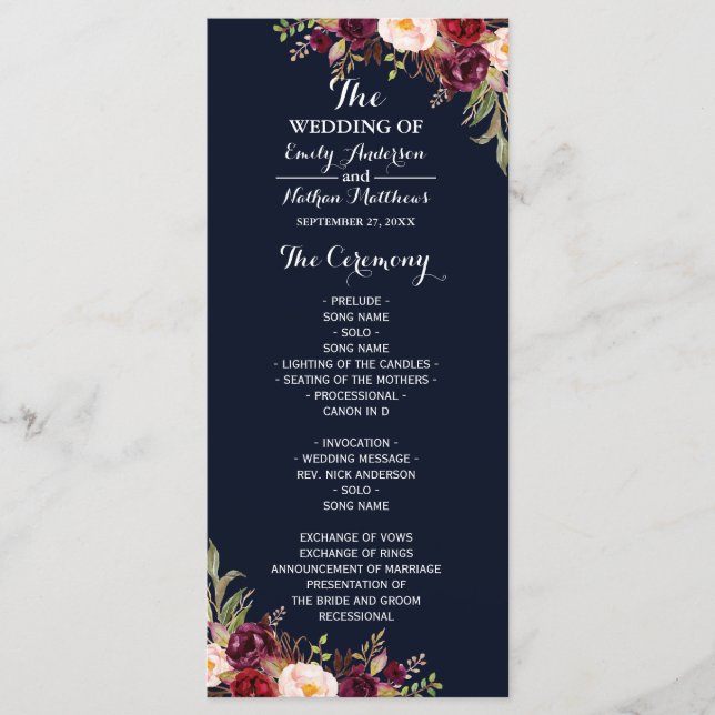 Burgundy Navy Floral Wedding Program (Front)