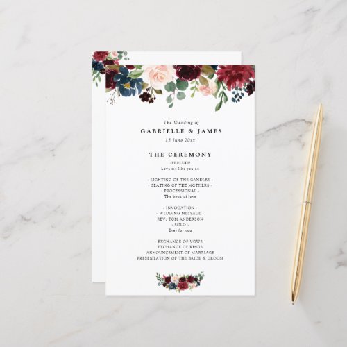 Burgundy navy floral wedding program