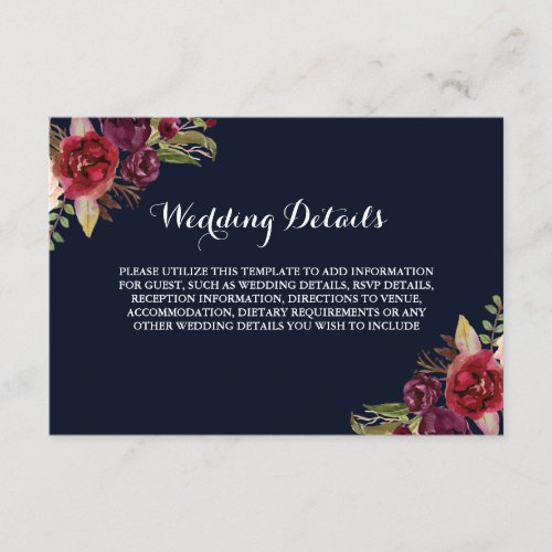Burgundy Navy Floral Wedding Reception Details Enclosure Card