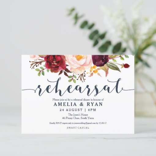 Burgundy Navy Floral Wedding Rehearsal Invitations Zazzle