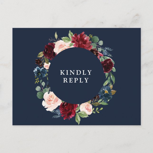 Burgundy & navy floral wedding RSVP Postcard (Front)
