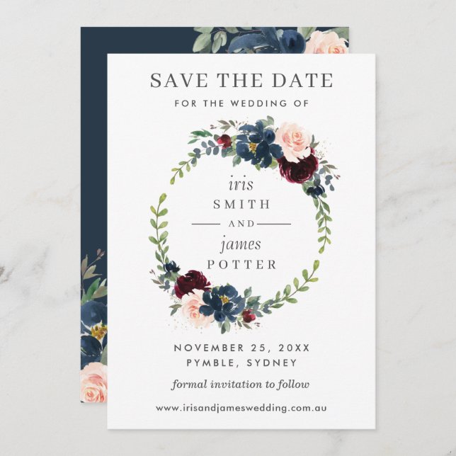 Burgundy Navy Floral Wedding Save the Date Card (Front/Back)