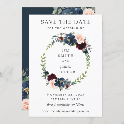Burgundy Navy Floral Wedding Save the Date Card