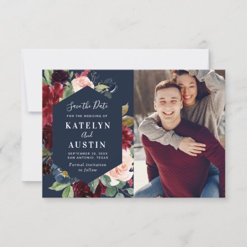 burgundy  navy floral wedding save the date card