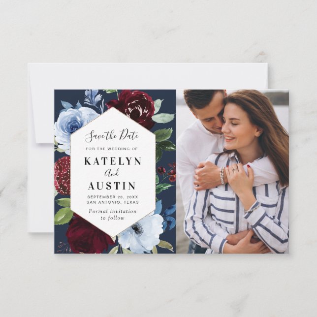 burgundy navy floral wedding save the date card (Front)