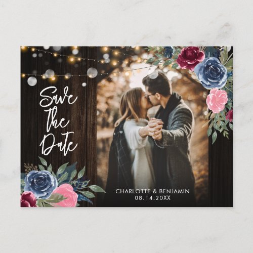 Burgundy Navy Floral Wedding Save The Date Photo Postcard