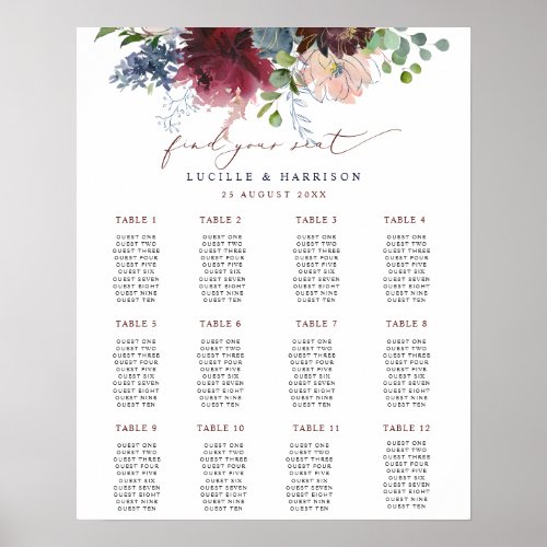 Burgundy   Navy Floral Wedding Seating Plan Poster