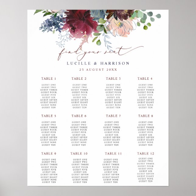 Burgundy  & Navy Floral Wedding Seating Plan Poster (Front)
