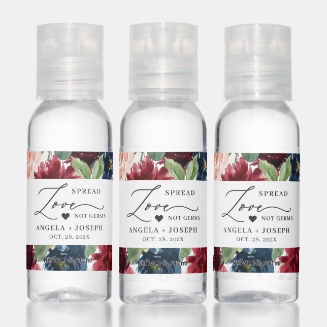 Burgundy Navy Floral Wedding Spread Love Script Hand Sanitizer (Set)