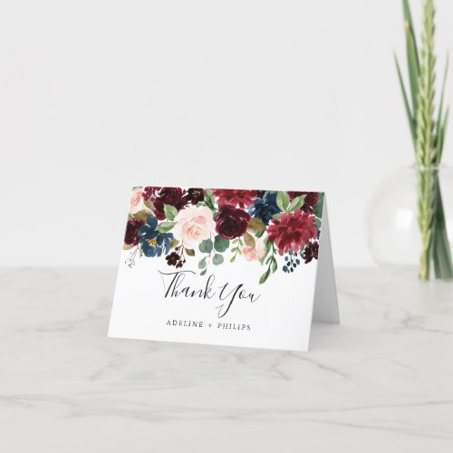 Burgundy Navy Floral Wedding Thank You Card